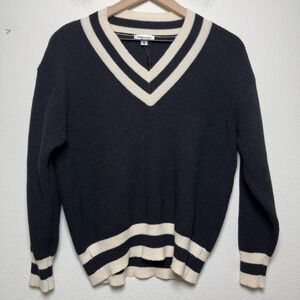 NEW‎ Vigoss Women Preppy Sweater M Black White Striped Rib Varsity Collegiate